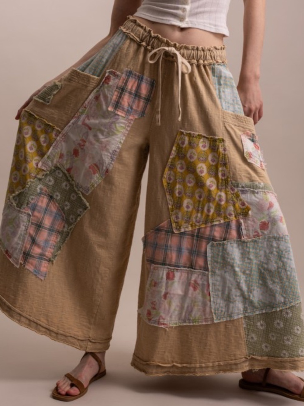 Bluevelvet Boho Patchwork Wide-Leg Pants - Beige with Pastel Patches